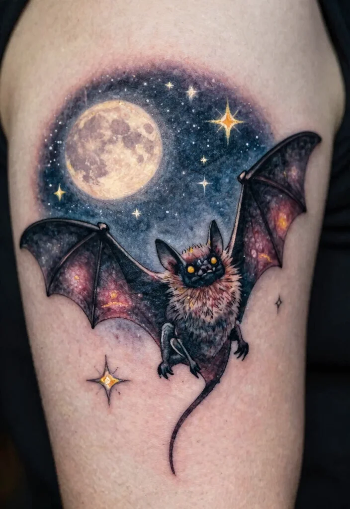 15 Bat Flash Tattoo Ideas With Spooky Style - 9. Bat with Moon and Stars 1