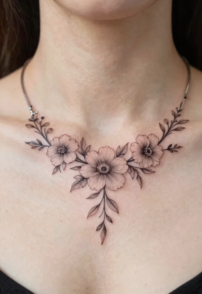 15 Flower Pen Tattoo Ideas With Creative Artistic Flair - 12. Floral Necklace Tattoos 1