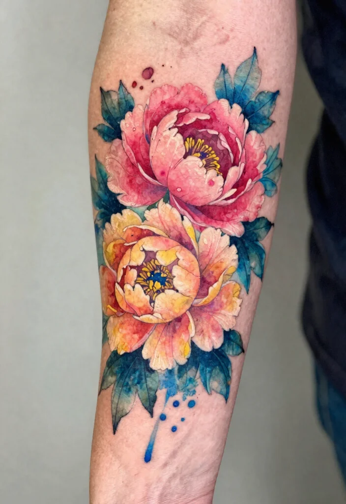 15 Flower Pen Tattoo Ideas With Creative Artistic Flair - 2. Vibrant Watercolor Flowers 1