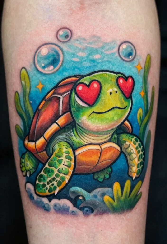 15 Heart Eye Tattoo Ideas With Playful Twist - 11. Cheerful Turtle with Heart Eyes 1