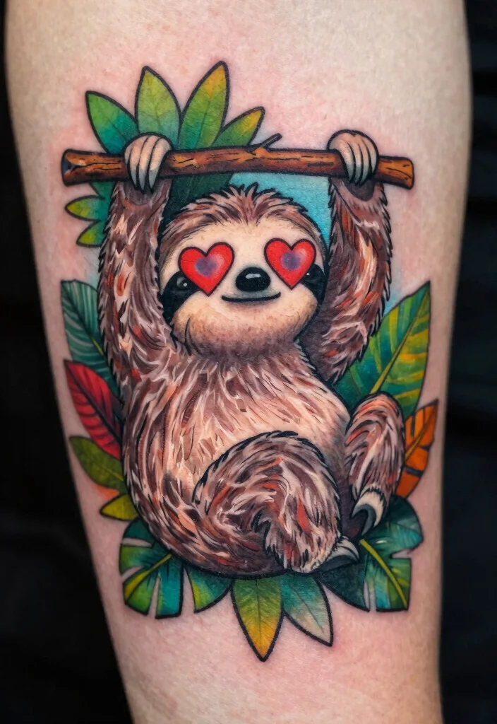 15 Heart Eye Tattoo Ideas With Playful Twist - 12. Funky Sloth with Heart Eyes 1