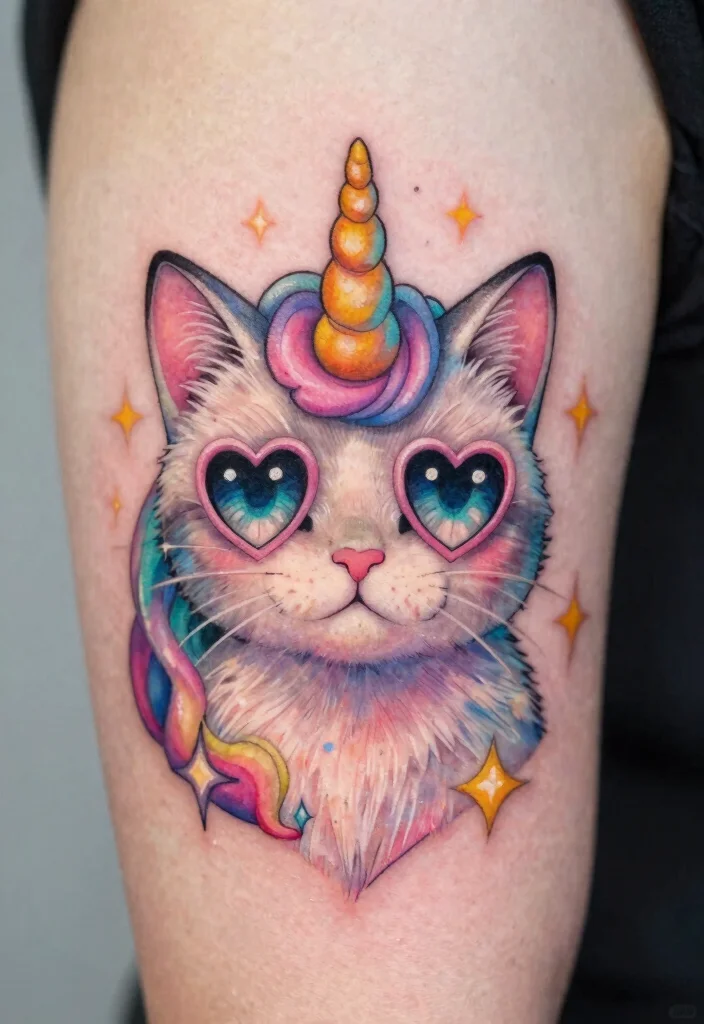 15 Heart Eye Tattoo Ideas With Playful Twist - 14. Fancy Caticorn with Heart Eyes 1