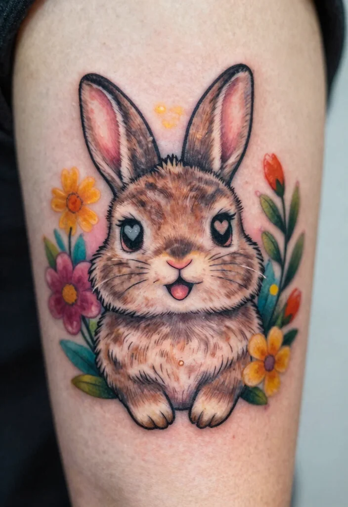 15 Heart Eye Tattoo Ideas With Playful Twist - 4. Cheeky Bunny with Hearts 1