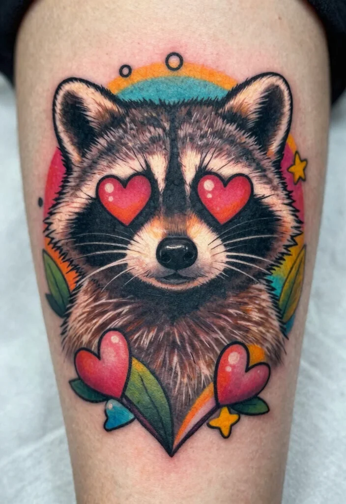 15 Heart Eye Tattoo Ideas With Playful Twist - 5. Playful Raccoon with Heart Eyes 1