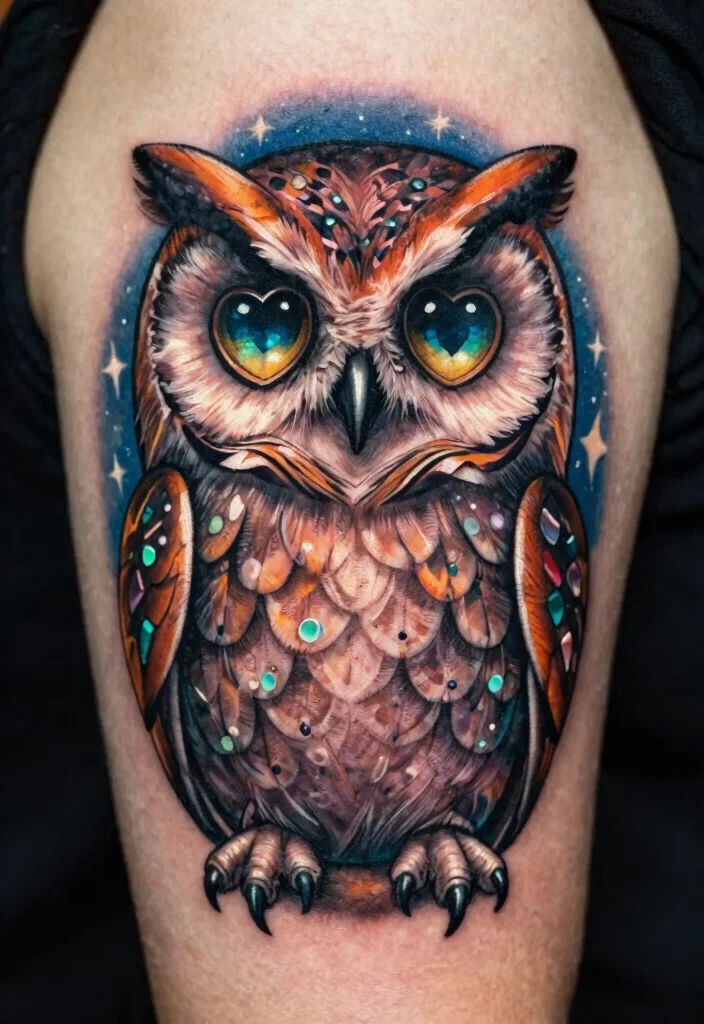15 Heart Eye Tattoo Ideas With Playful Twist - 7. Charming Owl with Heart Eyes 1