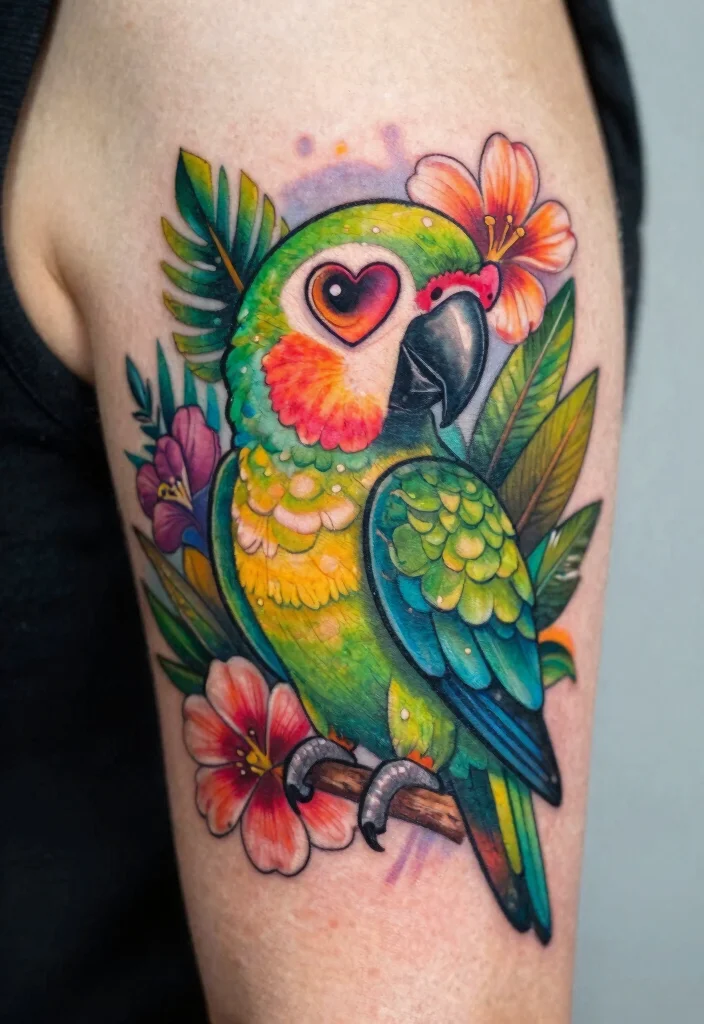 15 Heart Eye Tattoo Ideas With Playful Twist - 9. Playful Parrot with Heart Eyes 1