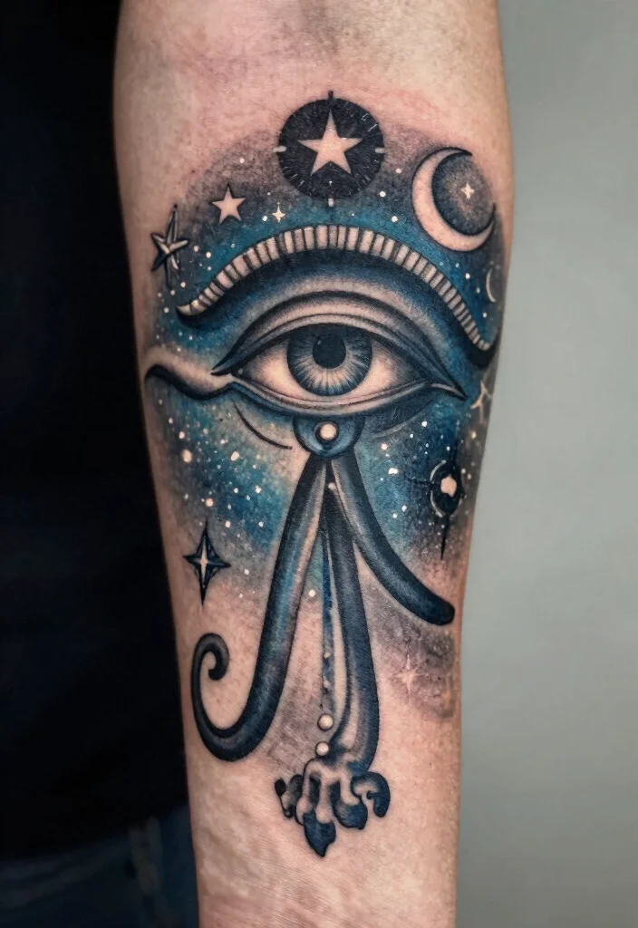 15 Horus Eye Tattoo Ideas With Ancient Symbolism - 13. Eye of Horus with Celestial Elements 1