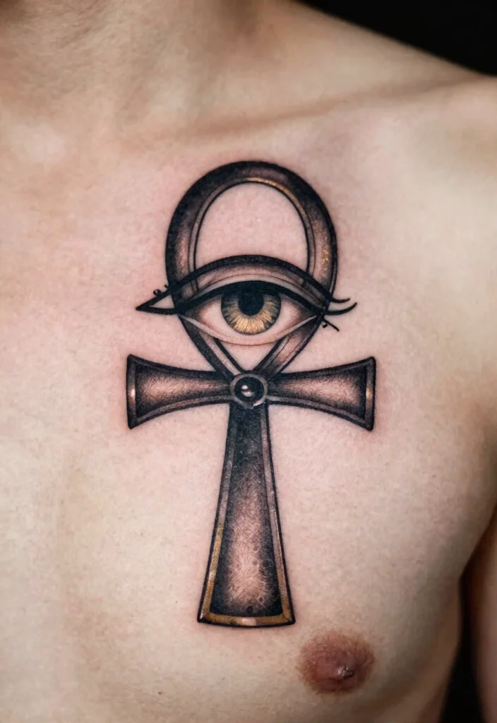 15 Horus Eye Tattoo Ideas With Ancient Symbolism - 6. Eye of Horus with Ankh Integration 1