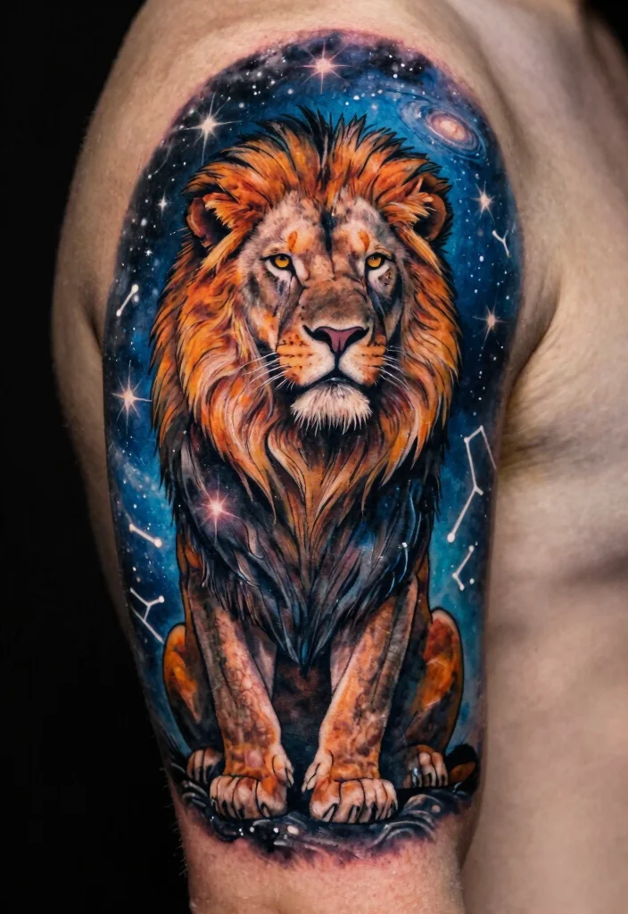 15 Jesus Lion Tattoo Ideas With Powerful Faith Symbolism - 10. Lion and Starry Sky 1