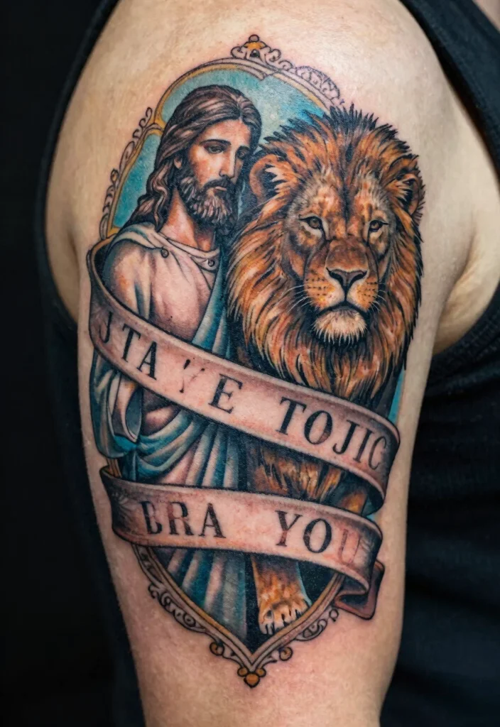 15 Jesus Lion Tattoo Ideas With Powerful Faith Symbolism - 11. Vintage Banner with Lion and Jesus 1