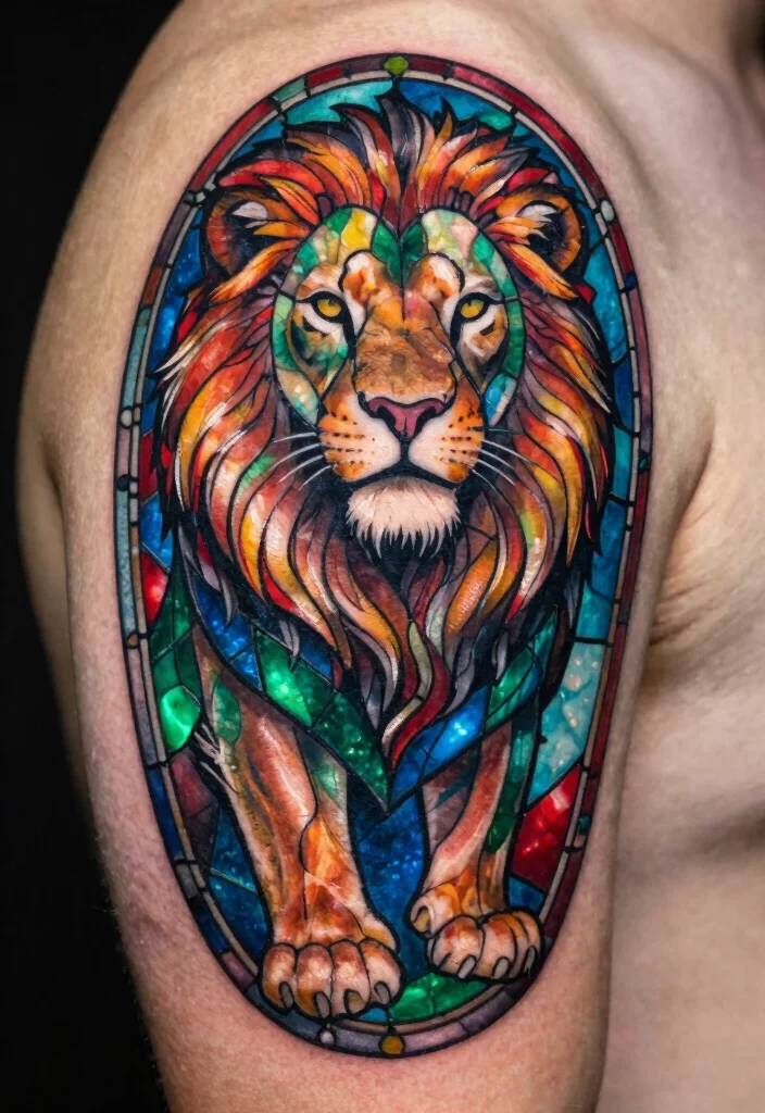 15 Jesus Lion Tattoo Ideas With Powerful Faith Symbolism - 12. Lion in Stained Glass Style 1
