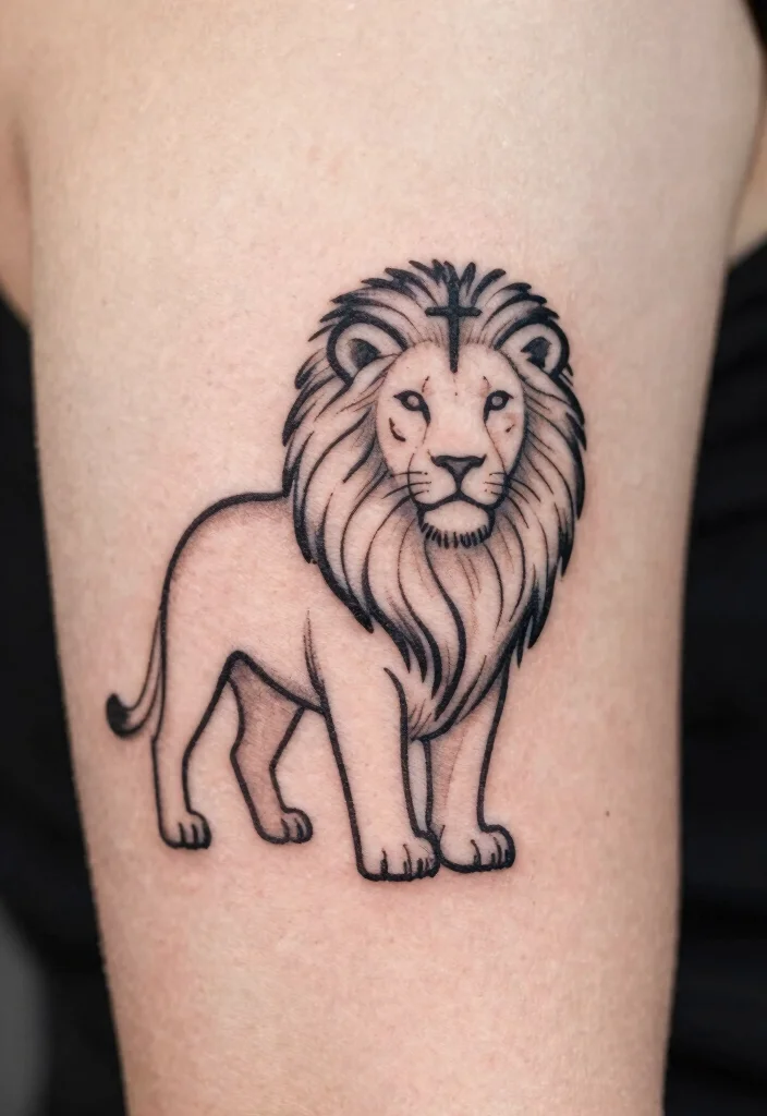 15 Jesus Lion Tattoo Ideas With Powerful Faith Symbolism - 13. Minimalist Lion with Cross Tattoo 1