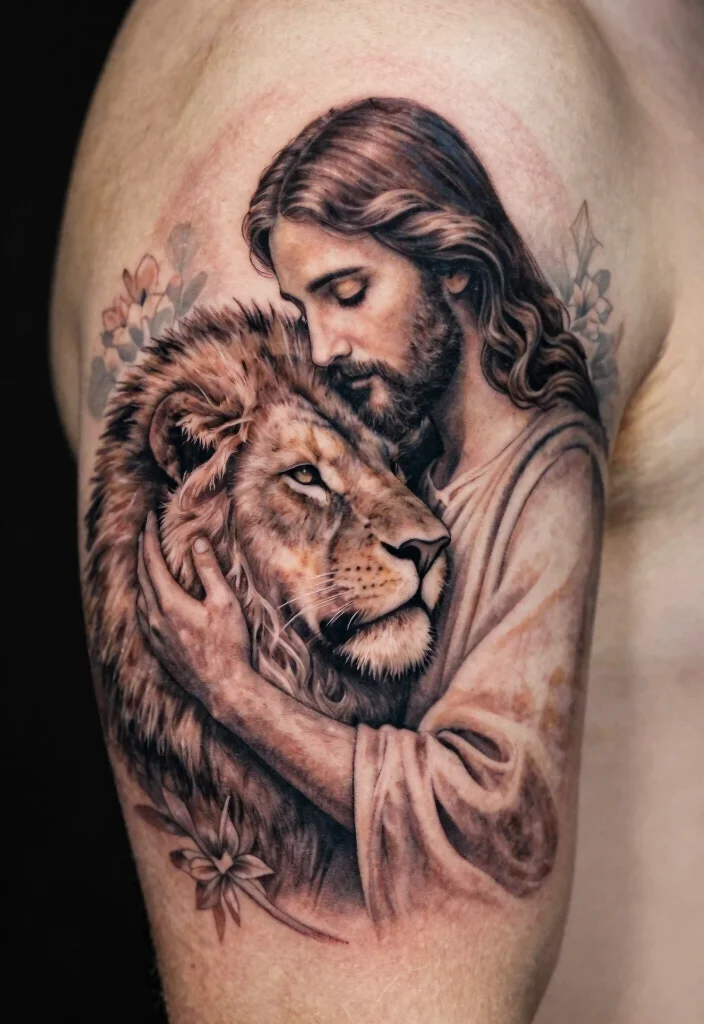 15 Jesus Lion Tattoo Ideas With Powerful Faith Symbolism - 2. Jesus with Lion Embrace 1