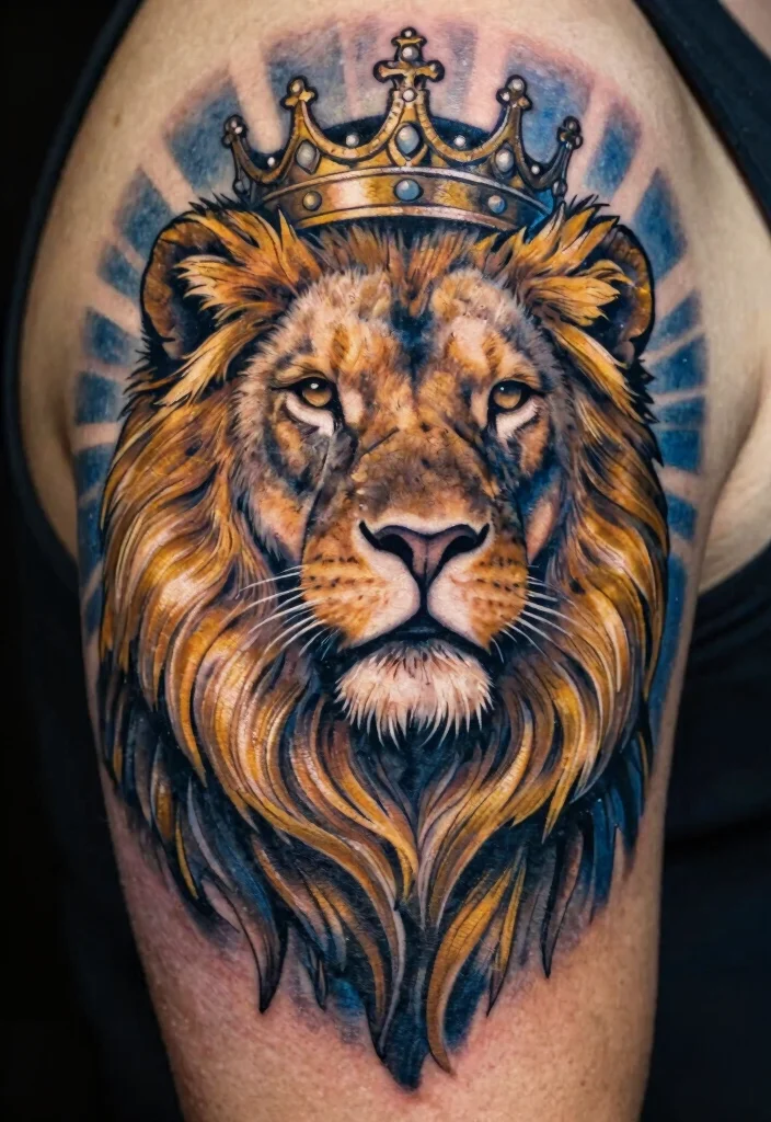 15 Jesus Lion Tattoo Ideas With Powerful Faith Symbolism - 3. Crowned Lion of Judah 1
