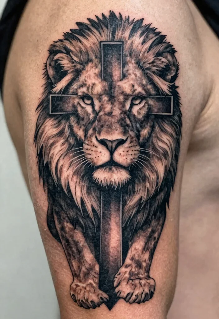 15 Jesus Lion Tattoo Ideas With Powerful Faith Symbolism - 4. Spiritual Lion and Cross Fusion 1