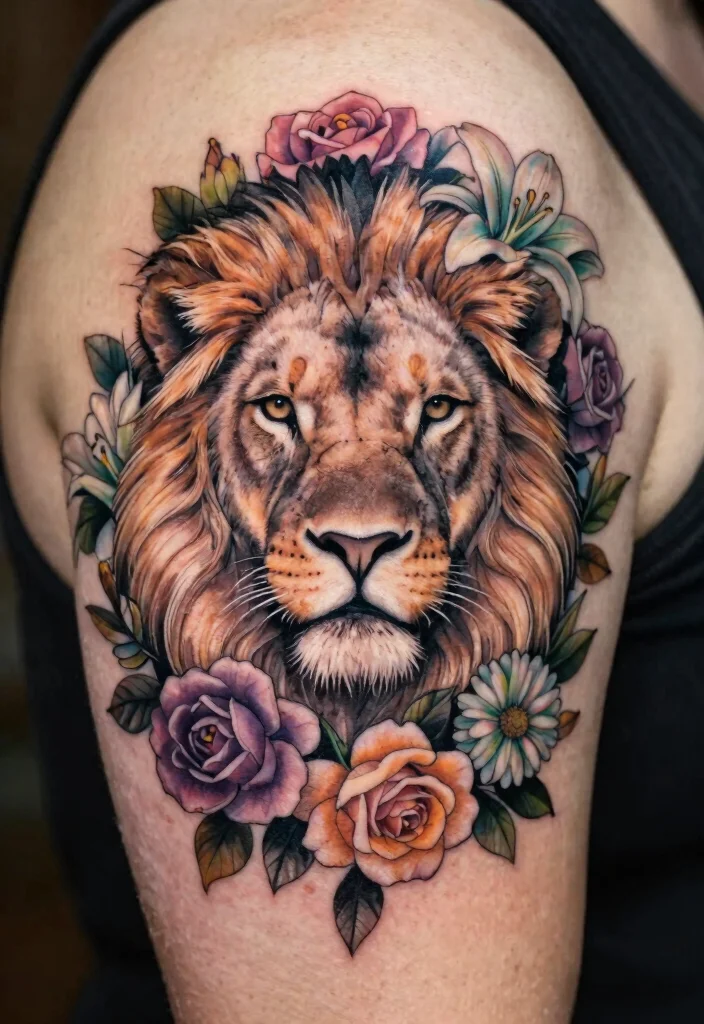 15 Jesus Lion Tattoo Ideas With Powerful Faith Symbolism - 5. Lion with Floral Halo 1