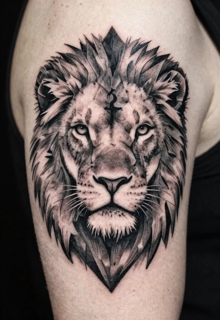 15 Jesus Lion Tattoo Ideas With Powerful Faith Symbolism - 6. Geometric Lion with Jesus Symbol 1