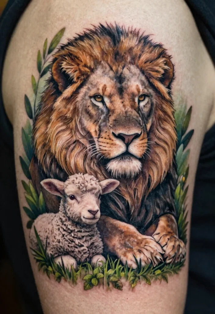 15 Jesus Lion Tattoo Ideas With Powerful Faith Symbolism - 7. Lion and Lamb Together 1