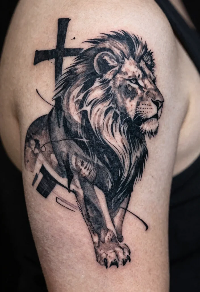 15 Jesus Lion Tattoo Ideas With Powerful Faith Symbolism - 9. Abstract Lion with Cross Elements 1