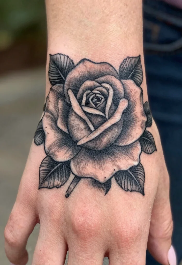 15 Rose Hand Tattoo Ideas With Classic Edge - 1. Classic Black Rose 1