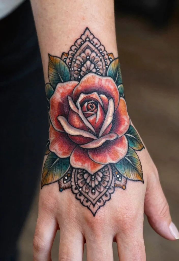 15 Rose Hand Tattoo Ideas With Classic Edge - 11. Floral Mandala Rose 1