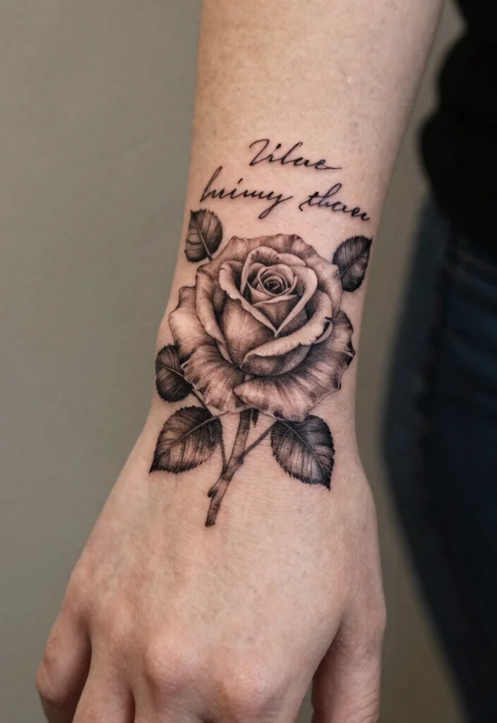 15 Rose Hand Tattoo Ideas With Classic Edge - 12. Rose with Personal Quote 1