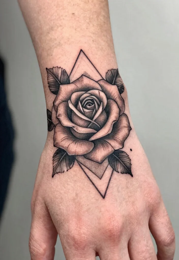 15 Rose Hand Tattoo Ideas With Classic Edge - 14. Rose with Geometric Elements 1