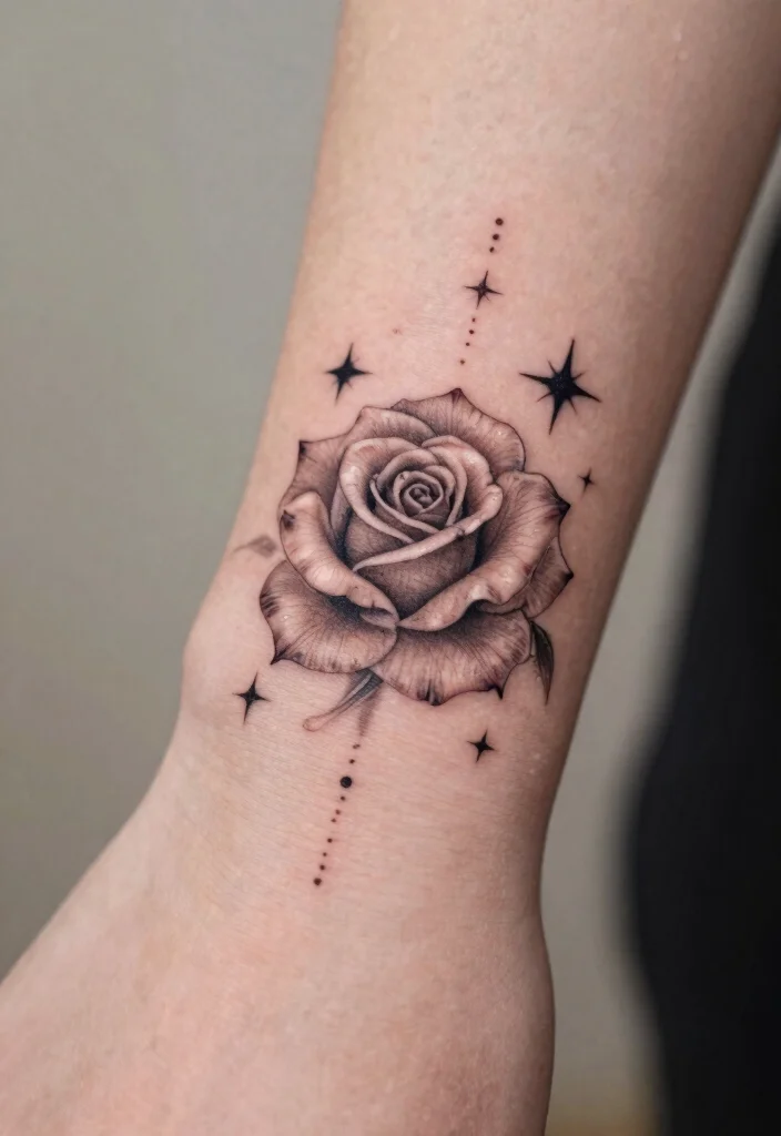15 Rose Hand Tattoo Ideas With Classic Edge - 15. Rose with Stars 1