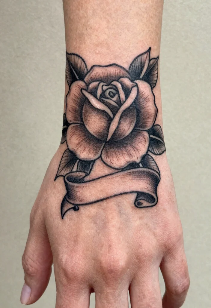 15 Rose Hand Tattoo Ideas With Classic Edge - 3. Vintage-inspired Rose and Banner 1