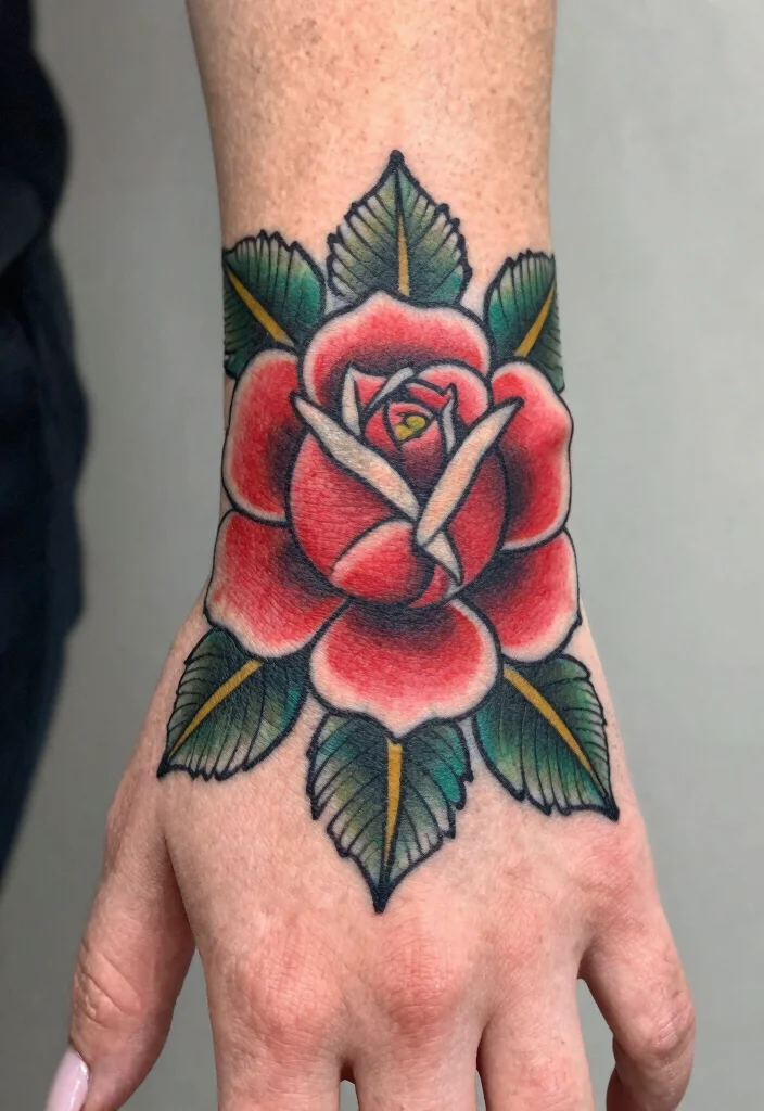 15 Rose Hand Tattoo Ideas With Classic Edge - 6. Traditional Rose with Leaves 1