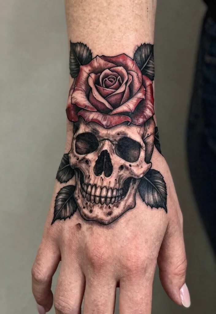15 Rose Hand Tattoo Ideas With Classic Edge - 7. Rose with a Skull 1