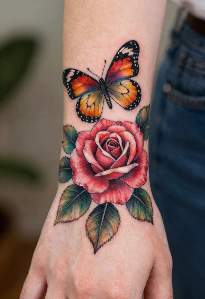 15 Rose Hand Tattoo Ideas With Classic Edge - 8. Rose and Butterfly 1