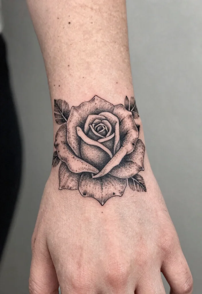 15 Rose Hand Tattoo Ideas With Classic Edge - 9. Dotted Rose 1