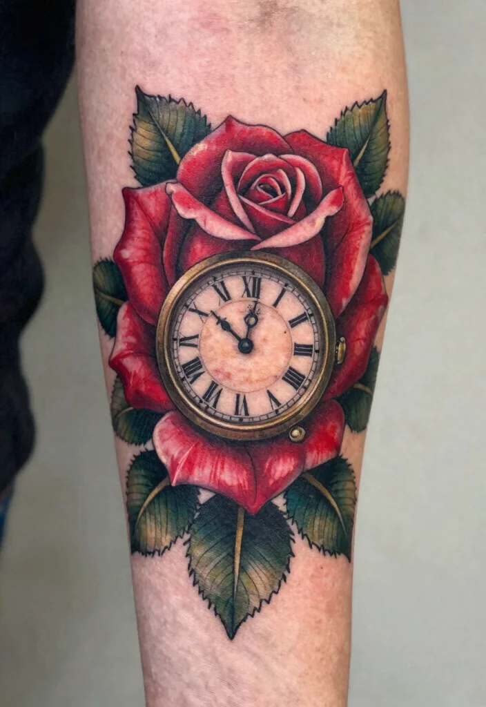 15 Rose and Clock Tattoo Ideas With Timeless Meaning - 1. Classic Red Rose with a Vintage Clock 1