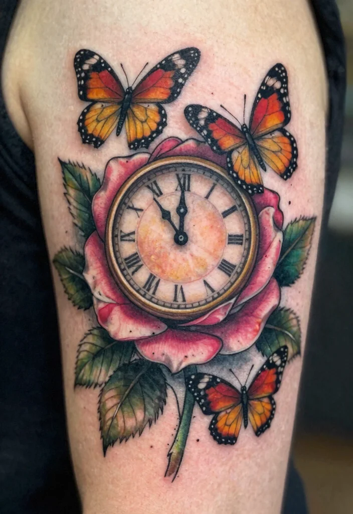 15 Rose and Clock Tattoo Ideas With Timeless Meaning - 10. Rose Clock with Butterflies 1