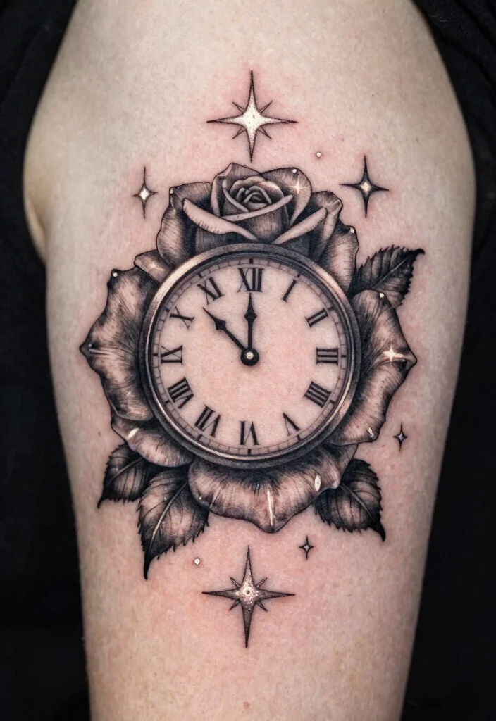 15 Rose and Clock Tattoo Ideas With Timeless Meaning - 11. Rose Clock with Stars 1
