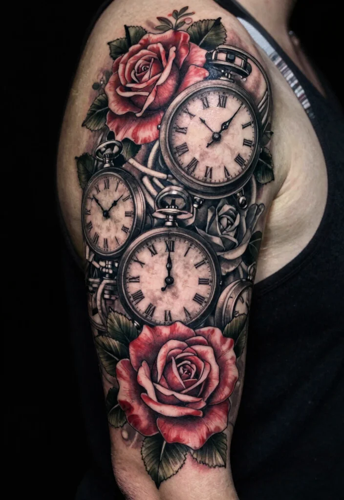 15 Rose and Clock Tattoo Ideas With Timeless Meaning - 12. Intricate Rose Clock Sleeve 1