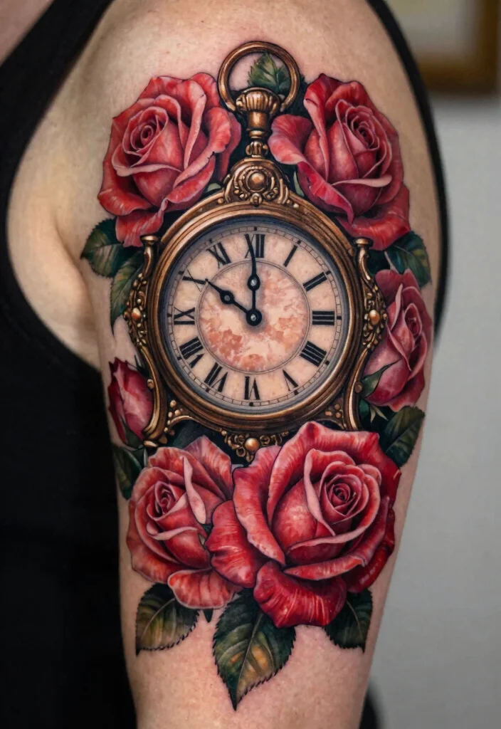 15 Rose and Clock Tattoo Ideas With Timeless Meaning - 13. Floral Clock with Rose Accents 1