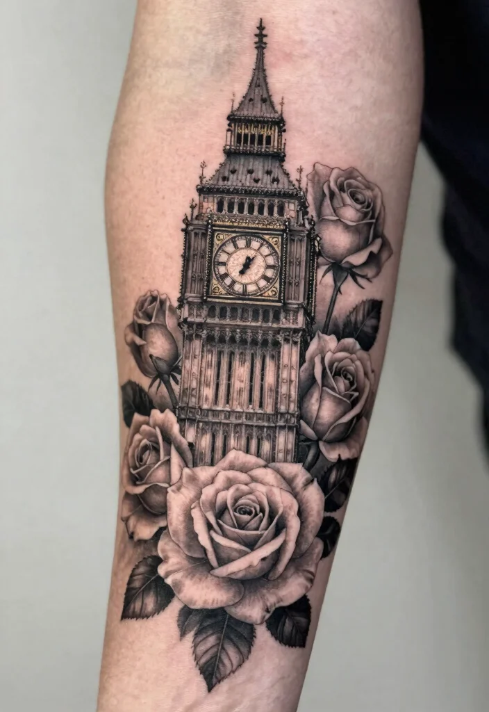 15 Rose and Clock Tattoo Ideas With Timeless Meaning - 14. Clock Tower with Roses 1