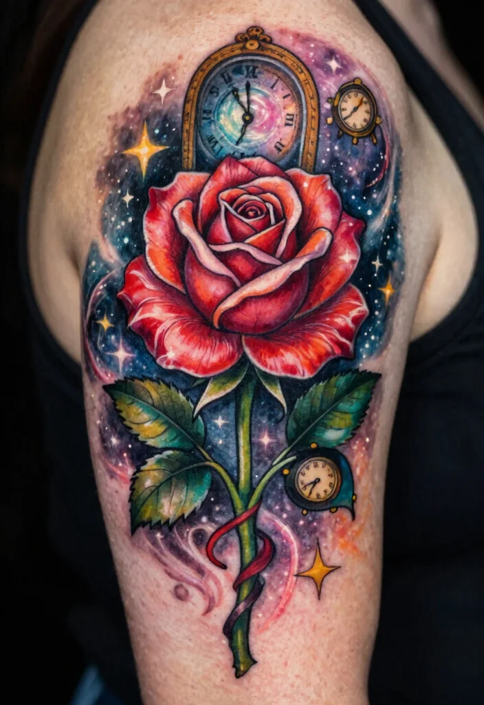 15 Rose and Clock Tattoo Ideas With Timeless Meaning - 15. Time Traveler's Rose 1