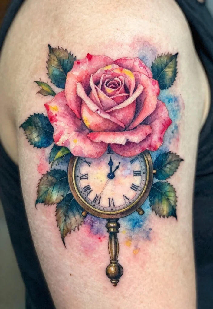 15 Rose and Clock Tattoo Ideas With Timeless Meaning - 2. Watercolor Rose and Clock Fusion 1