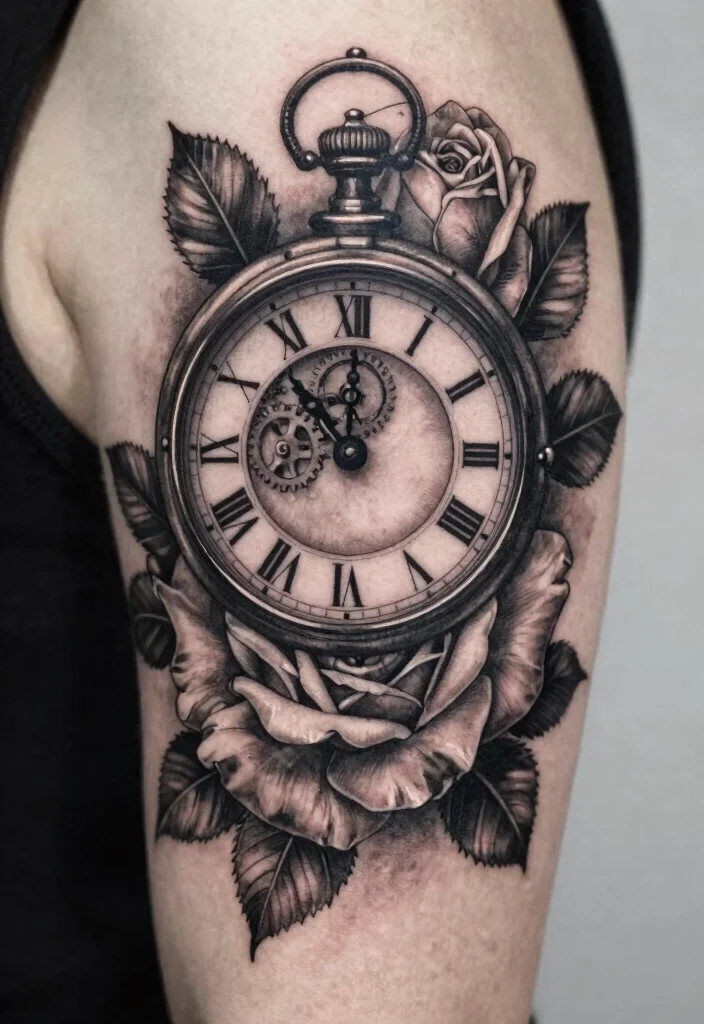 15 Rose and Clock Tattoo Ideas With Timeless Meaning - 3. Black and Gray Rose Clock 1