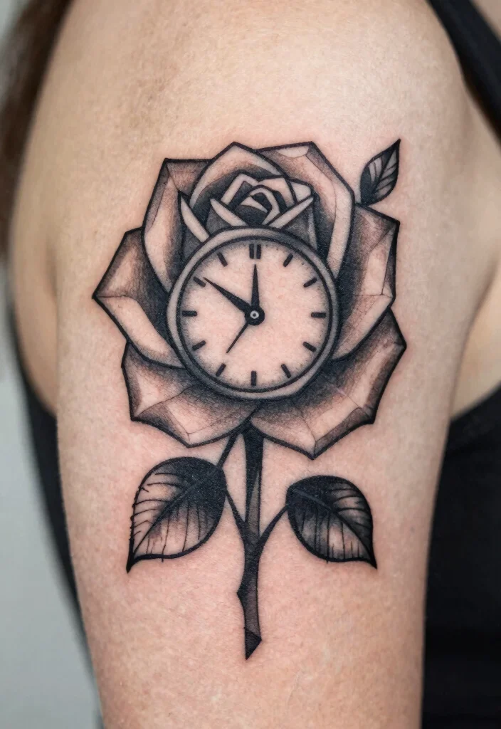 15 Rose and Clock Tattoo Ideas With Timeless Meaning - 4. Geometric Rose Clock Tattoo 1