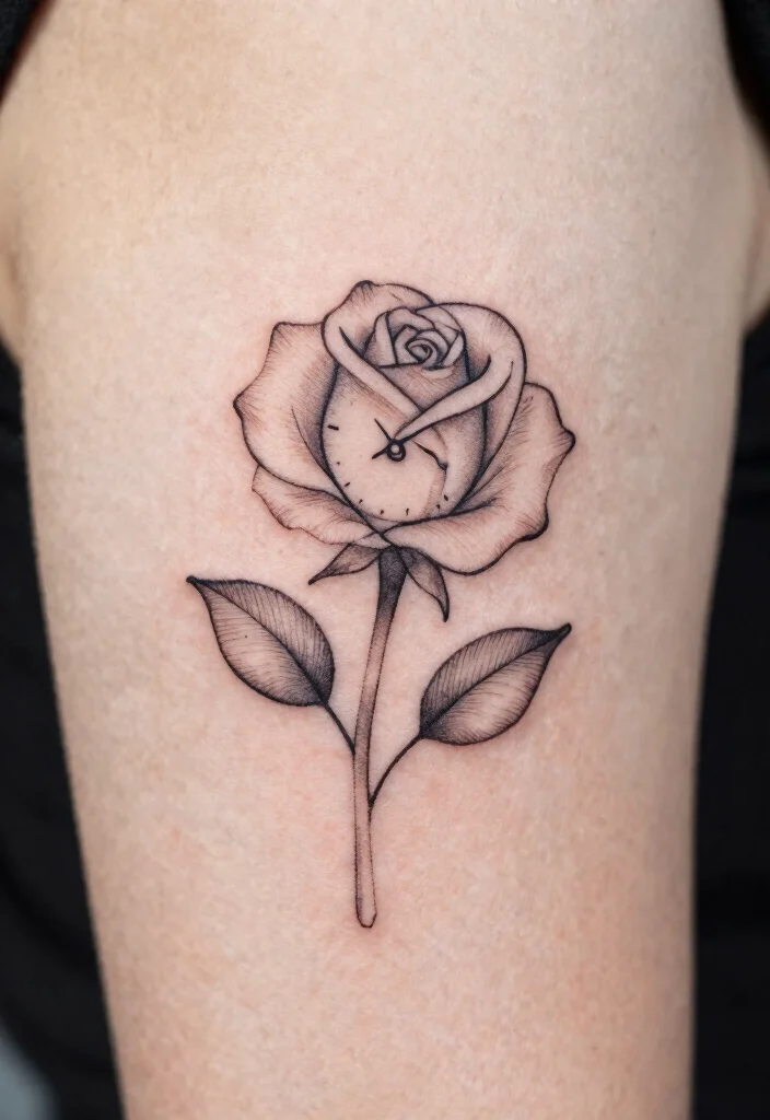 15 Rose and Clock Tattoo Ideas With Timeless Meaning - 5. Minimalist Rose with Clock Hands 1
