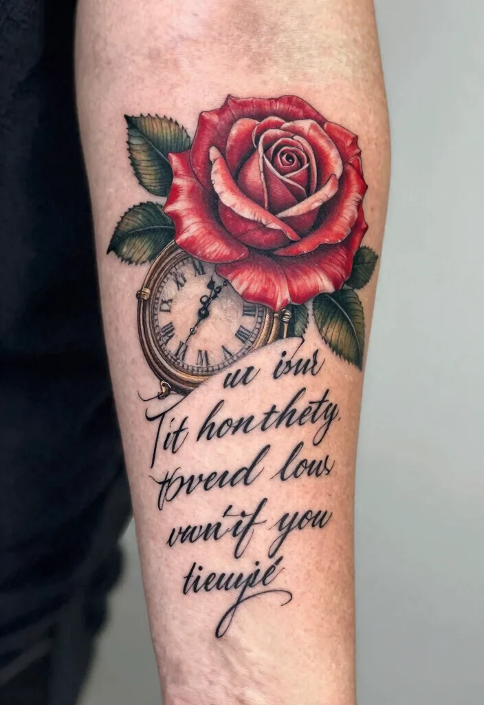 15 Rose and Clock Tattoo Ideas With Timeless Meaning - 6. Rose Clock with Quote 1