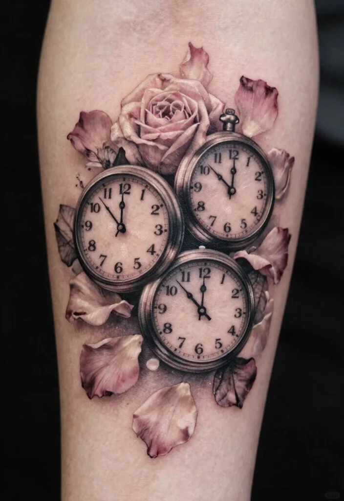 15 Rose and Clock Tattoo Ideas With Timeless Meaning - 7. Clock Faces with Rose Petals 1