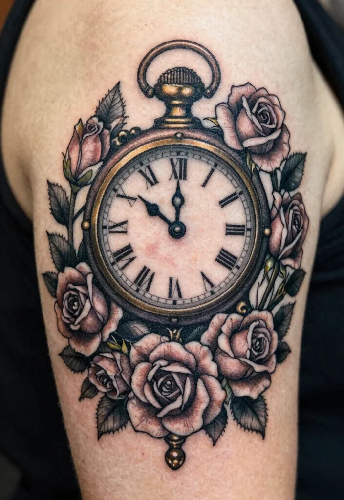 15 Rose and Clock Tattoo Ideas With Timeless Meaning - 8. Vintage Clock with a Rose Garland 1