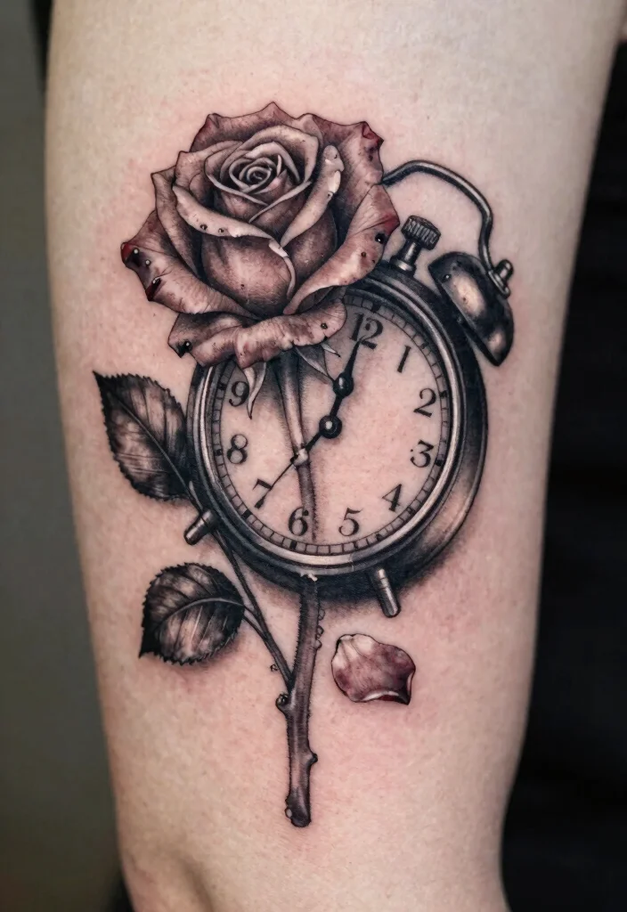 15 Rose and Clock Tattoo Ideas With Timeless Meaning - 9. Clock With Broken Rose 1