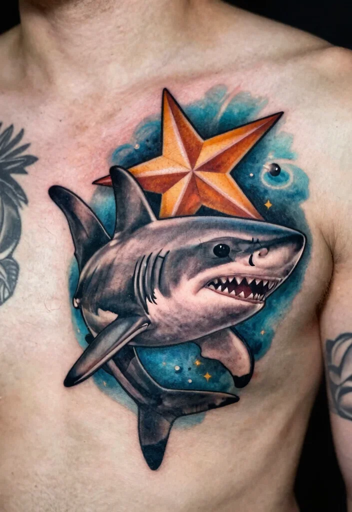 15 Shark Tattoo Men Ideas With Fierce Ocean Energy - 10. Shark with Nautical Star 1
