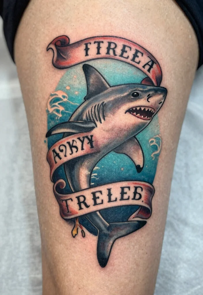 15 Shark Tattoo Men Ideas With Fierce Ocean Energy - 12. Shark with Banner 1